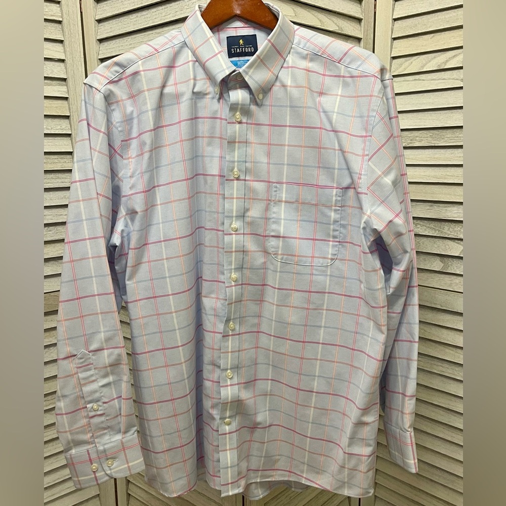 Men’s Stafford Blue and Pink Casual Button Down Shirt with Plaid Design